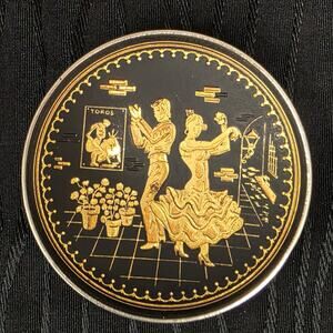 Black and Gold Miniature Damascene Footed Dish Toledo FLAMENCO DANCERS 4" B3